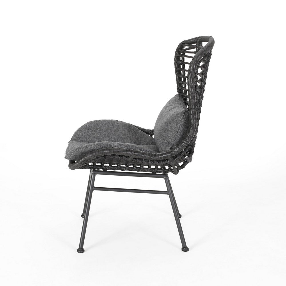 Outdoor Round Accent Chair Set of 2 | Gray Faux Rattan | Black Iron