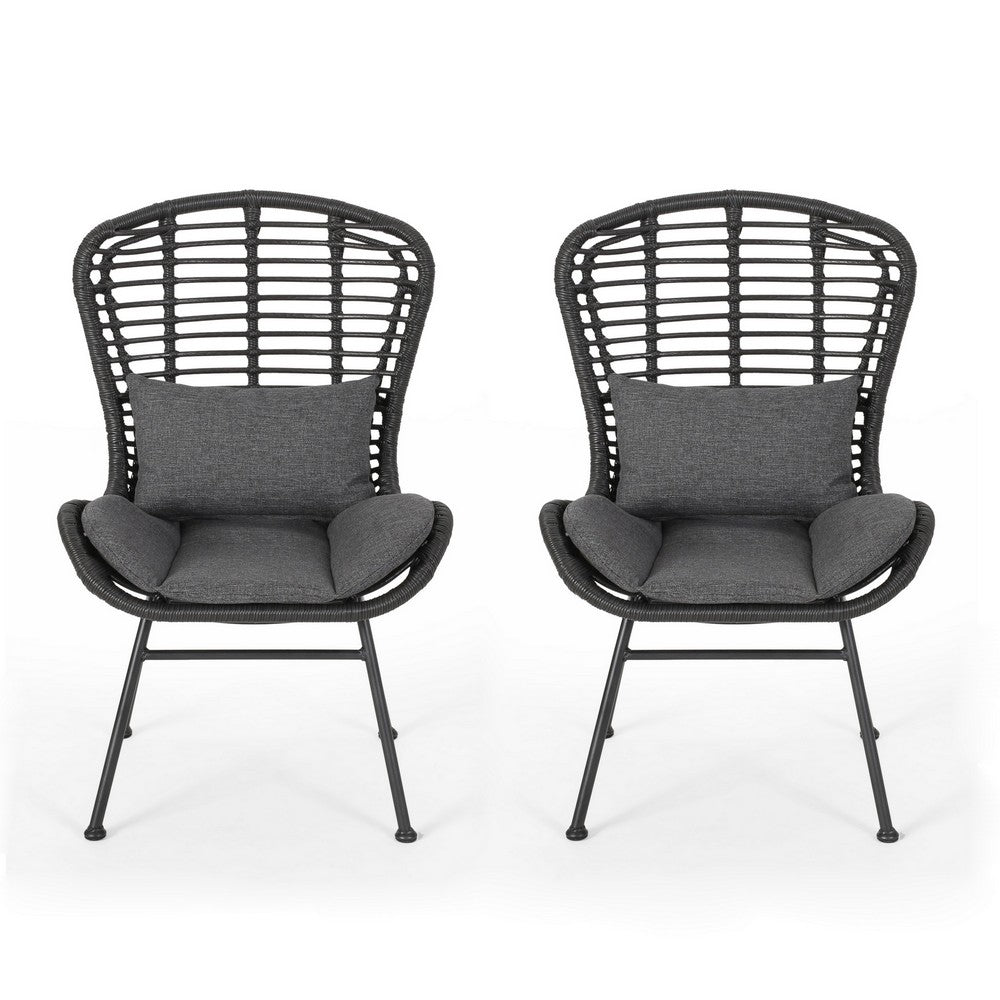 Outdoor Round Accent Chair Set of 2, Gray Faux Rattan, Black Iron