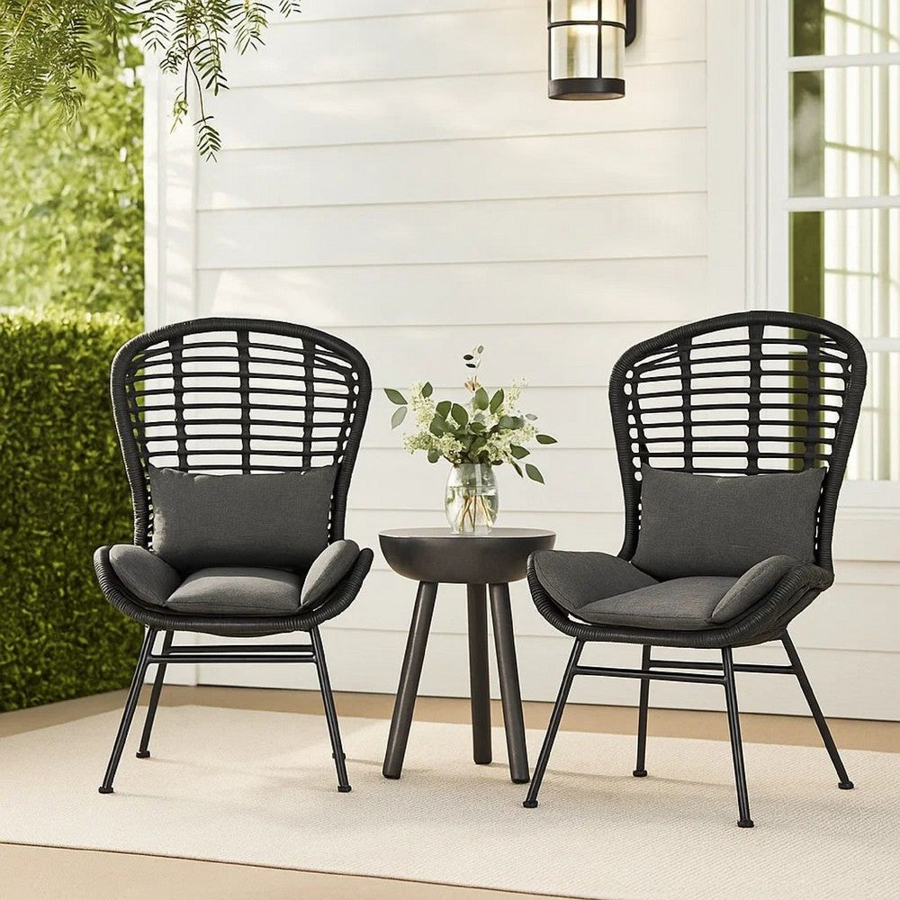 Outdoor Round Accent Chair Set of 2, Gray Faux Rattan, Black Iron