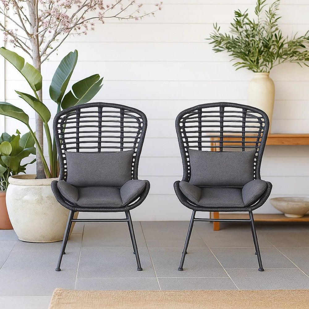 Outdoor Round Accent Chair Set of 2, Gray Faux Rattan, Black Iron