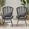 Outdoor Round Accent Chair Set of 2, Gray Faux Rattan, Black Iron