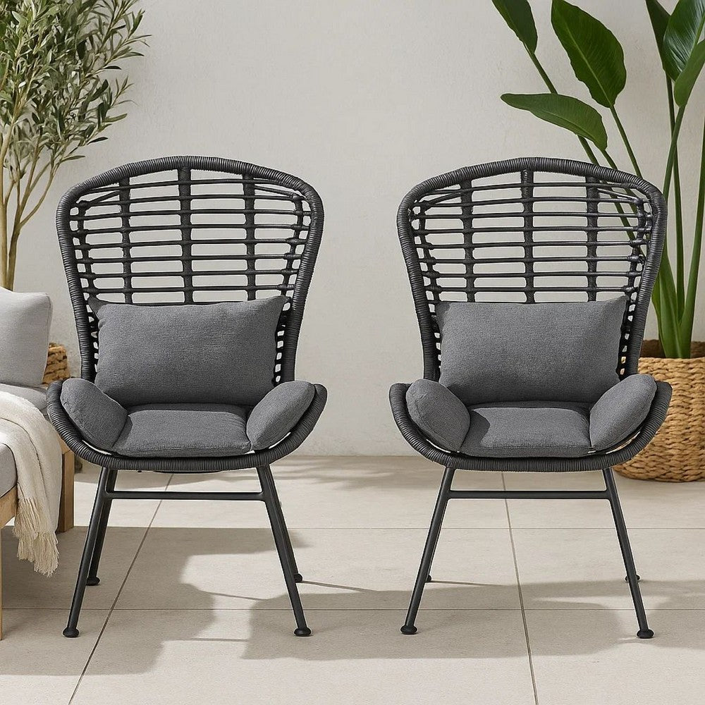 Outdoor Round Accent Chair Set of 2, Gray Faux Rattan, Black Iron