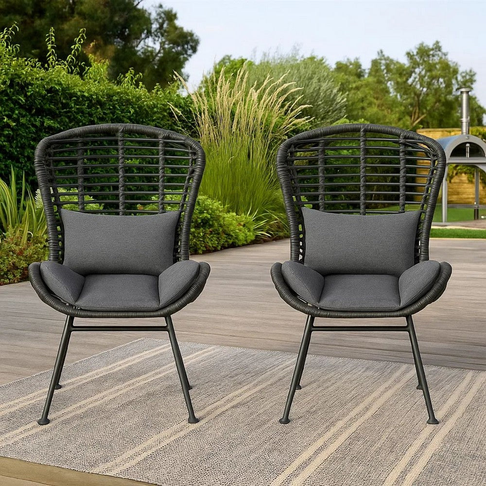 Outdoor Round Accent Chair Set of 2 | Gray Faux Rattan | Black Iron