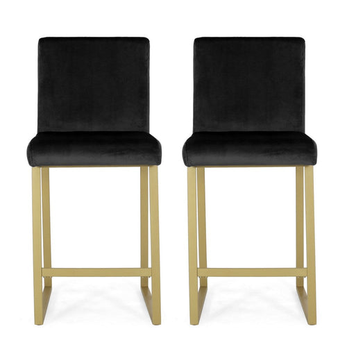 Counter Stool Chair Set of 2, Gold Sled Metal Base, Black Velvet