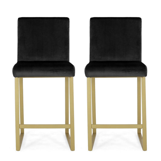 Counter Stool Chair Set of 2, Gold Sled Metal Base, Black Velvet
