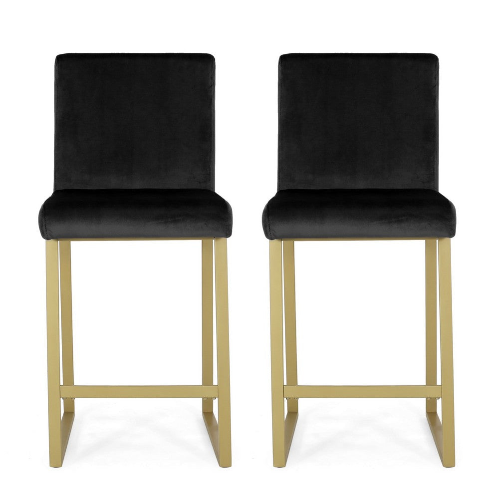 Counter Stool Chair Set of 2, Gold Sled Metal Base, Black Velvet