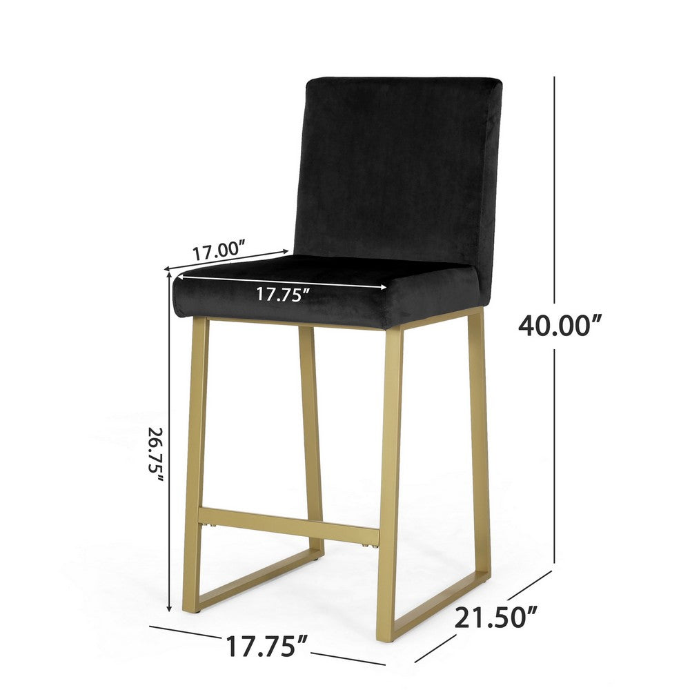 Counter Stool Chair Set of 2 | Gold Sled Metal Base | Black Velvet