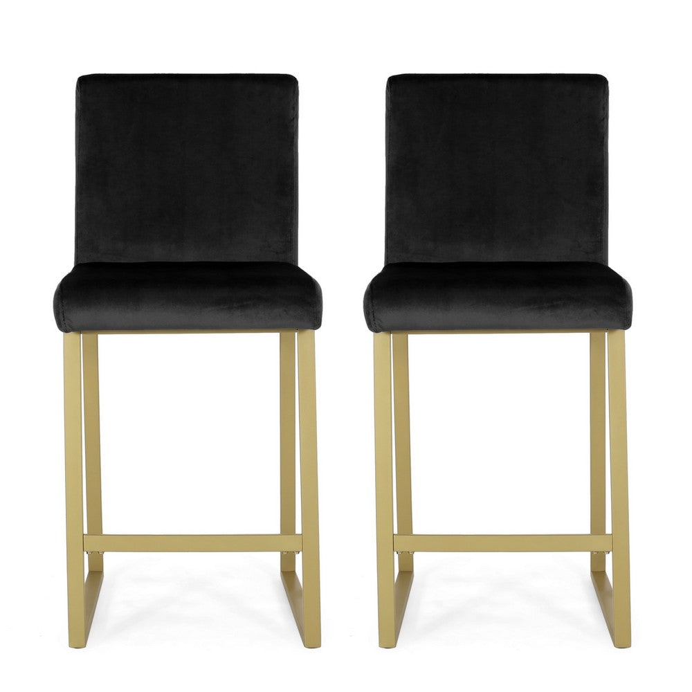 Counter Stool Chair Set of 2 | Gold Sled Metal Base | Black Velvet