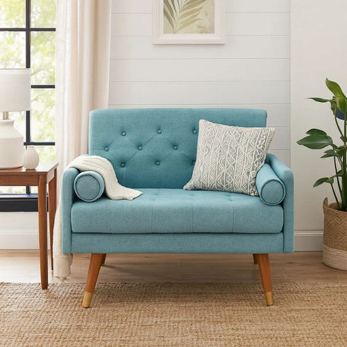 Lita Wide Accent Club Chair, Button Tufted, Light Blue Textured Fabric