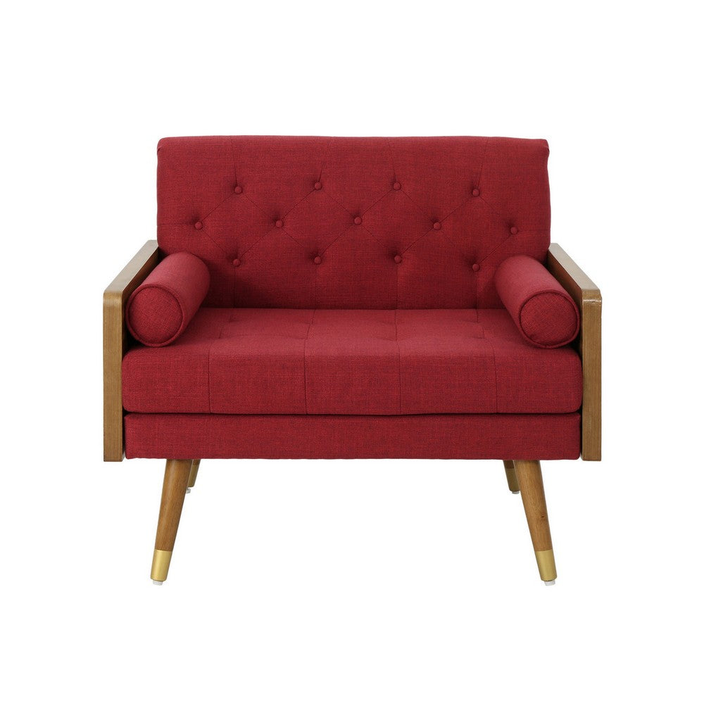 Lita Wide Accent Club Chair | Button Tufted | Red Fabric | Brown Frame