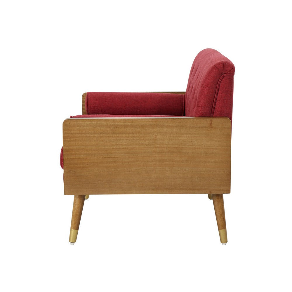 Lita Wide Accent Club Chair | Button Tufted | Red Fabric | Brown Frame