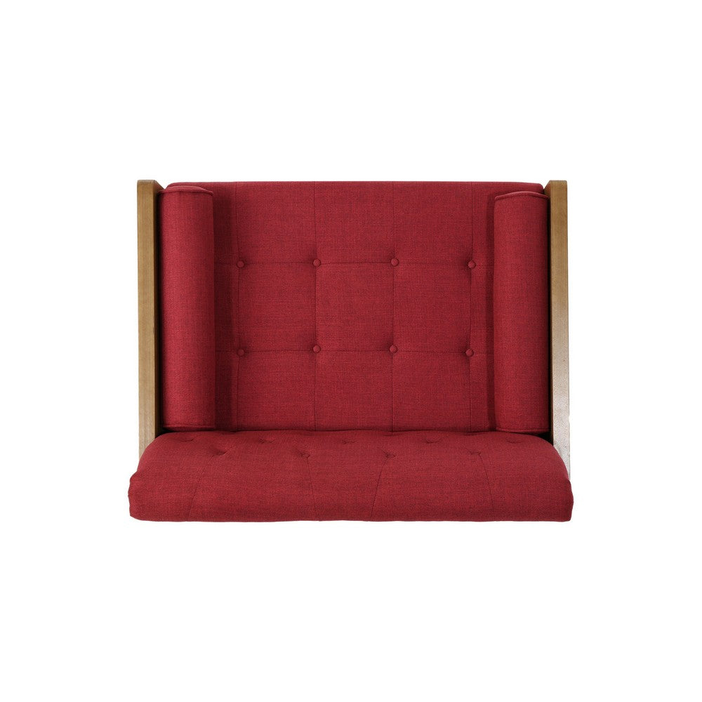 Lita Wide Accent Club Chair | Button Tufted | Red Fabric | Brown Frame