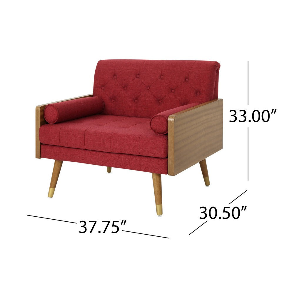 Lita Wide Accent Club Chair | Button Tufted | Red Fabric | Brown Frame