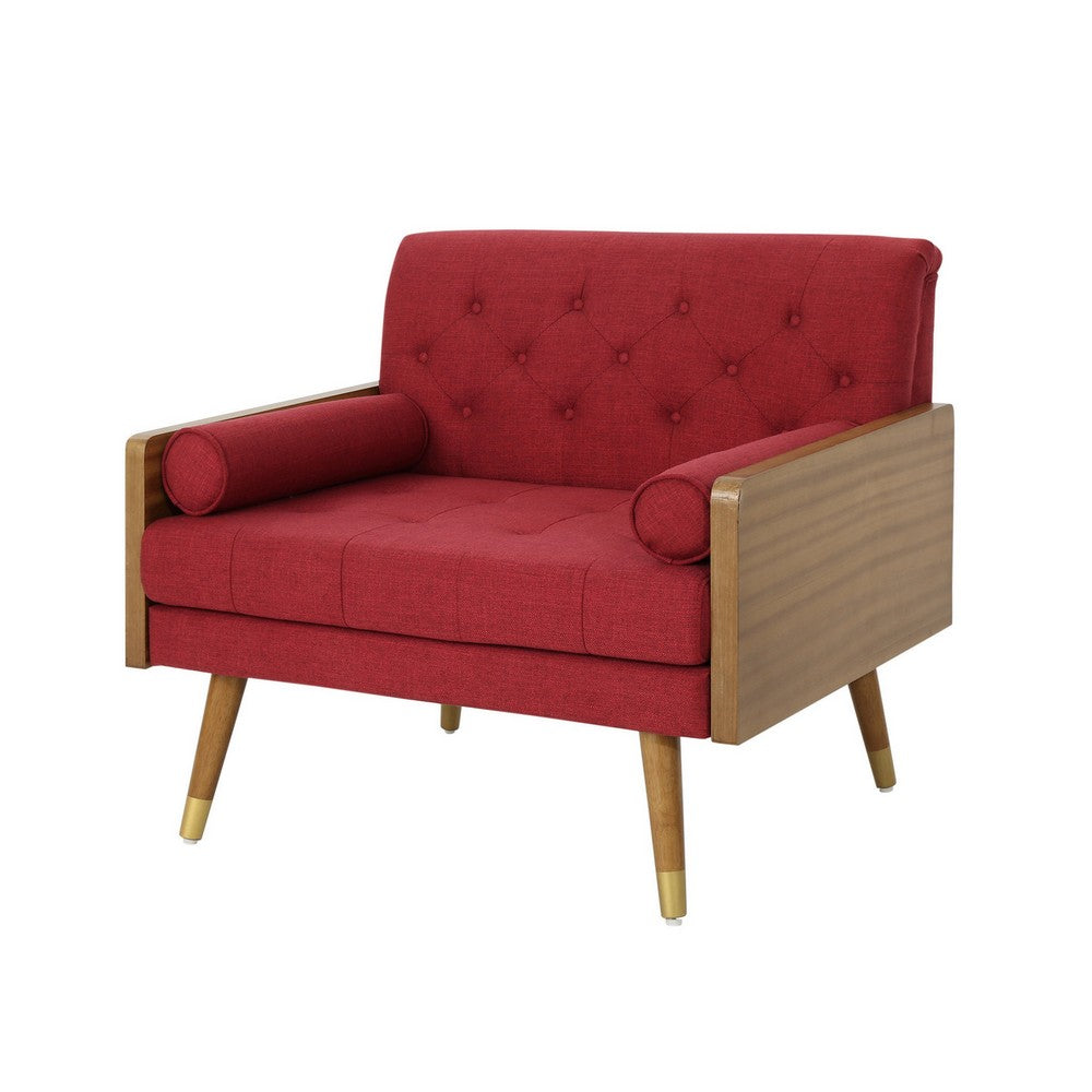 Lita Wide Accent Club Chair | Button Tufted | Red Fabric | Brown Frame