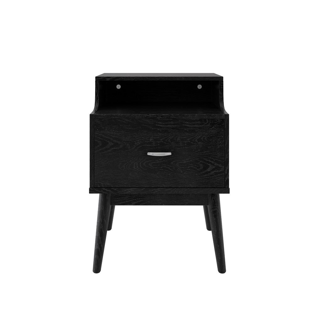 Inaya Nightstand | 1 Drawer and Shelf | Splayed Legs | 26" Black MDF
