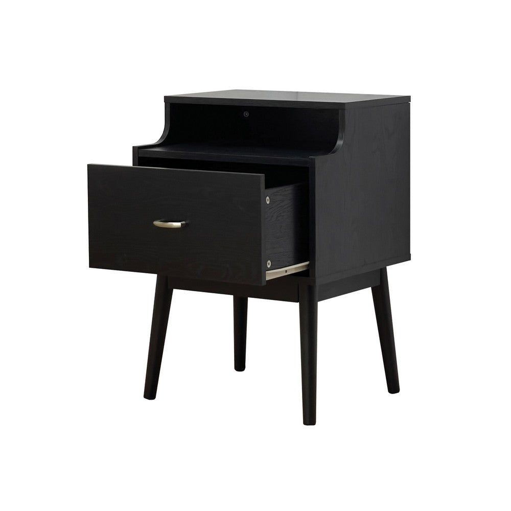 Inaya Nightstand | 1 Drawer and Shelf | Splayed Legs | 26" Black MDF