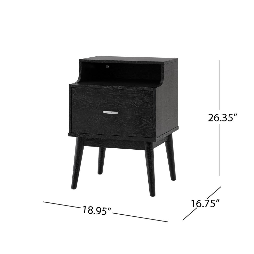 Inaya Nightstand | 1 Drawer and Shelf | Splayed Legs | 26" Black MDF