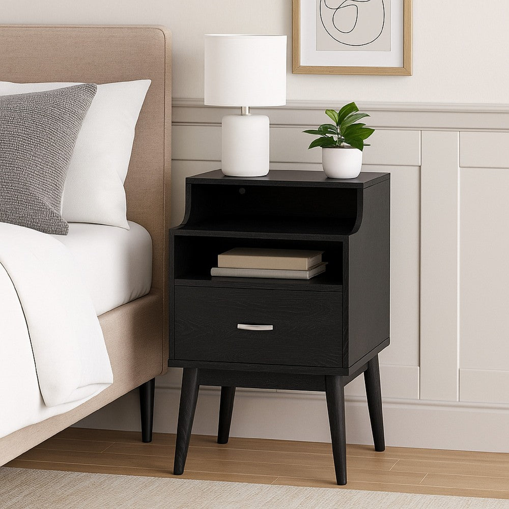 Inaya Nightstand | 1 Drawer and Shelf | Splayed Legs | 26" Black MDF