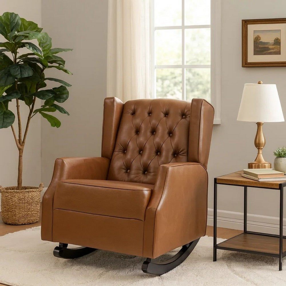 Zyna Rocking Chair | Gentle Motion | Brown Waffle Stitch Faux Leather