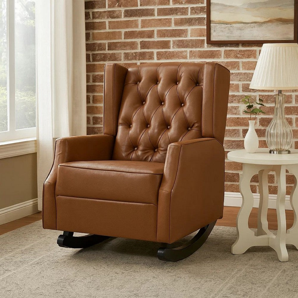 Zyna Rocking Chair | Gentle Motion | Brown Waffle Stitch Faux Leather