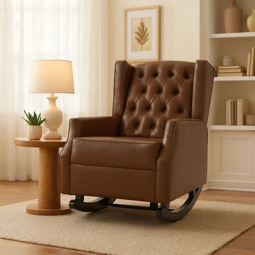 Zyna Rocking Chair | Gentle Motion | Brown Waffle Stitch Faux Leather