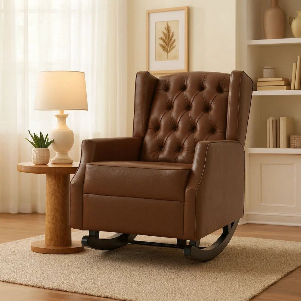 Zyna Rocking Chair | Gentle Motion | Brown Waffle Stitch Faux Leather