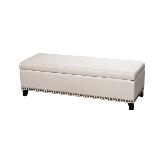 Ottoman Bench, Chain Link Pattern, Nailhead Trim, 51 Inch Beige Fabric