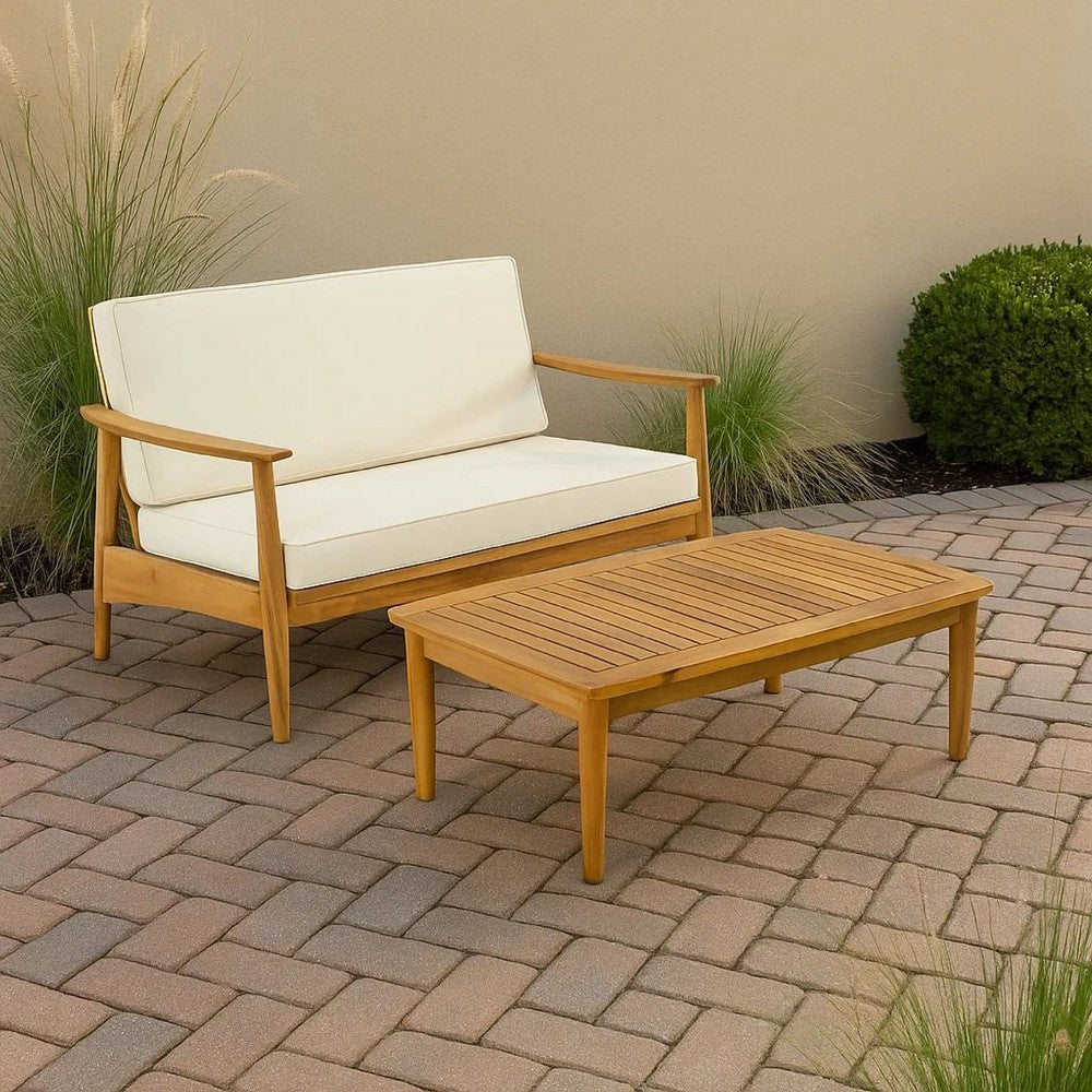 Roxy 2pc Outdoor Loveseat and Coffee Table Set | Acacia Wood | Cream
