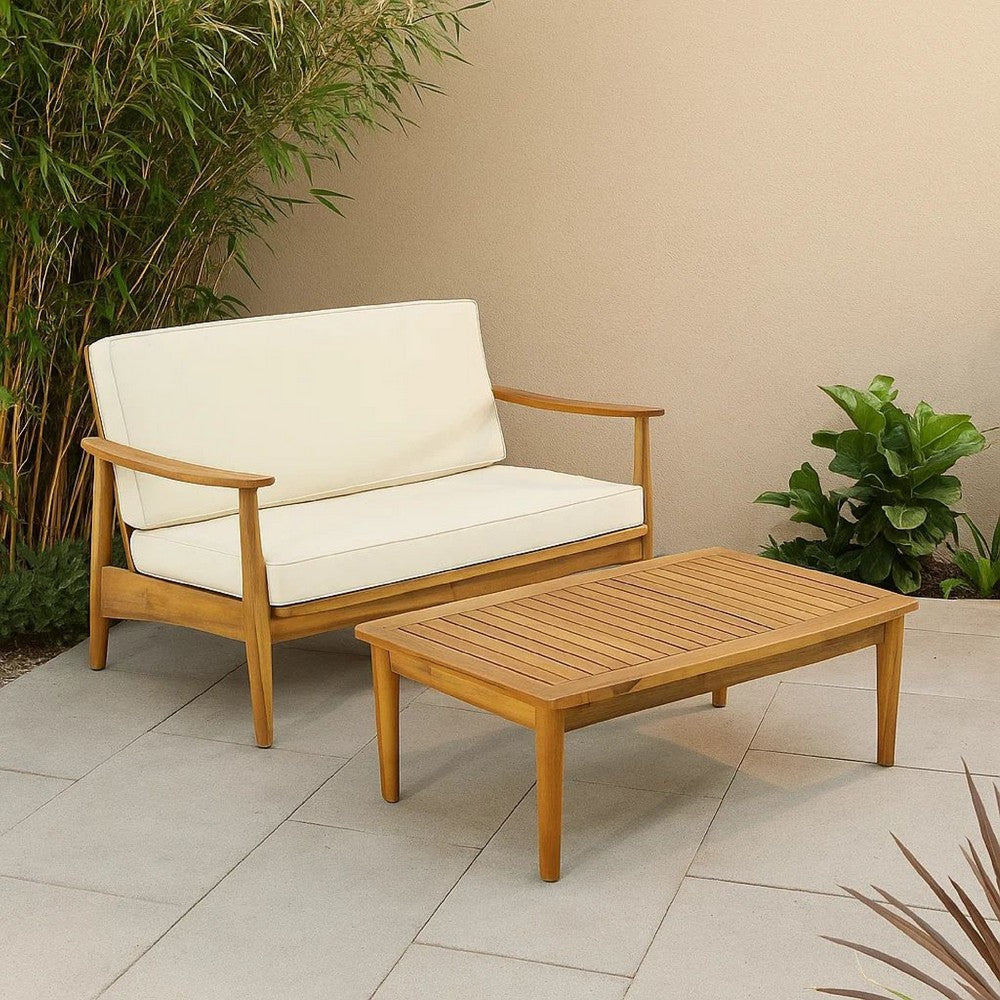 Roxy 2pc Outdoor Loveseat and Coffee Table Set, Acacia Wood, Cream