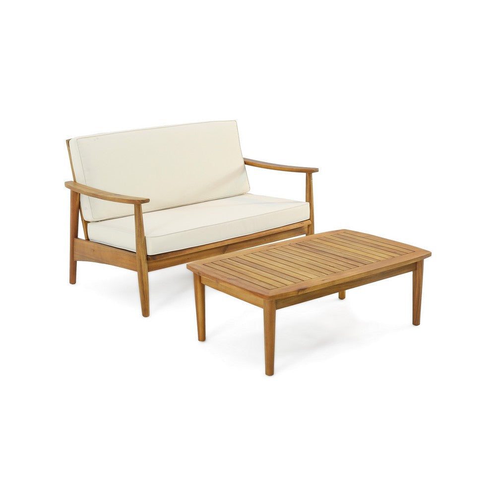 Roxy 2pc Outdoor Loveseat and Coffee Table Set, Acacia Wood, Cream