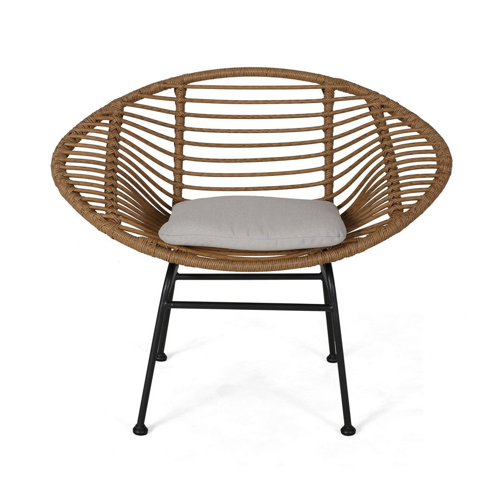 Outdoor Accent Chair Set of 2, Beige, Basket Brown Faux Rattan, Black