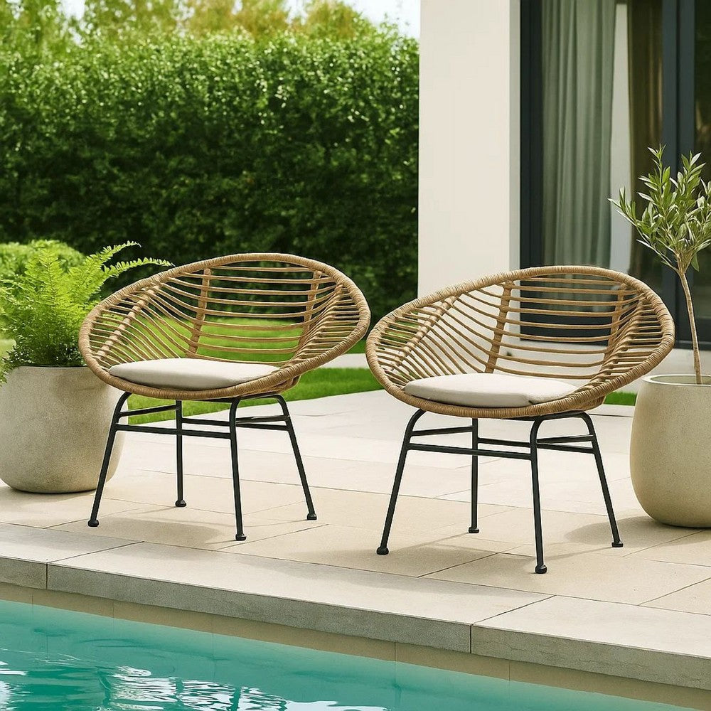 Outdoor Accent Chair Set of 2, Beige, Basket Brown Faux Rattan, Black