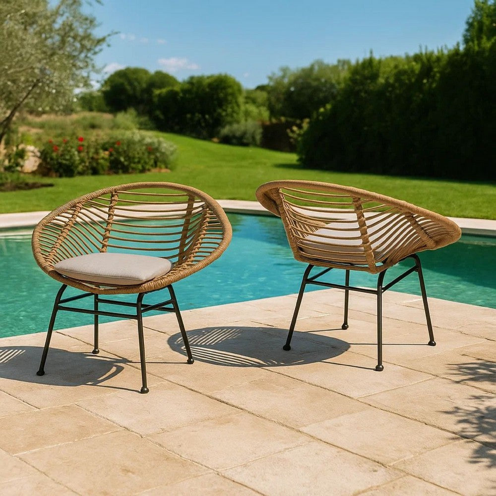 Outdoor Accent Chair Set of 2, Beige, Basket Brown Faux Rattan, Black