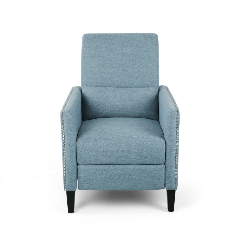 Davy Pushback Recliner Chair Nailhead Trim Birch Wood Blue Fabric