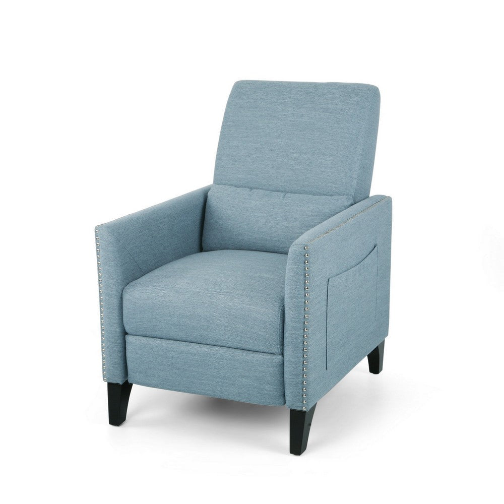 Davy Pushback Recliner Chair, Nailhead Trim, Birch Wood, Blue Fabric