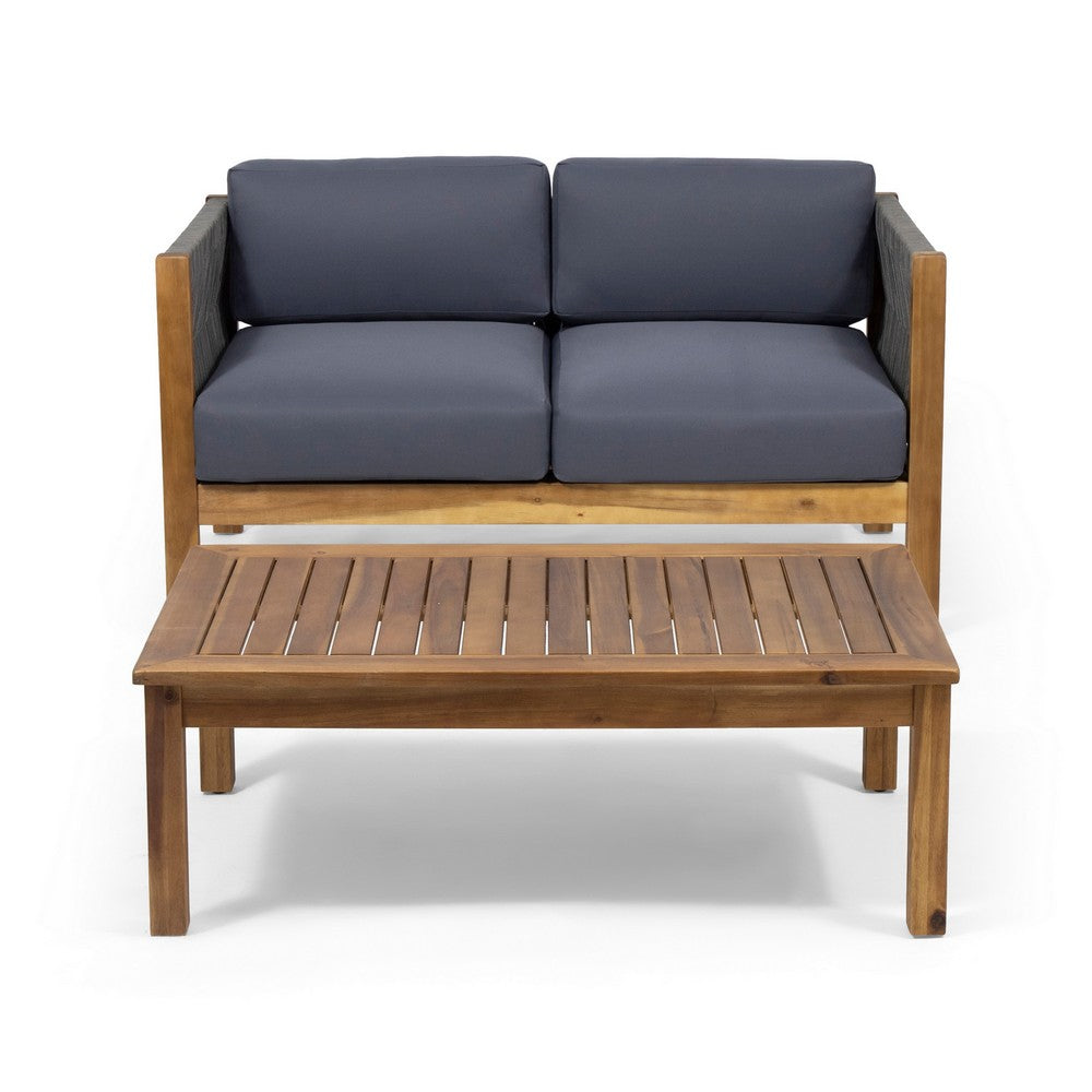 2pc Outdoor Loveseat Coffee Table Set | Brown Acacia Wood | Dark Gray