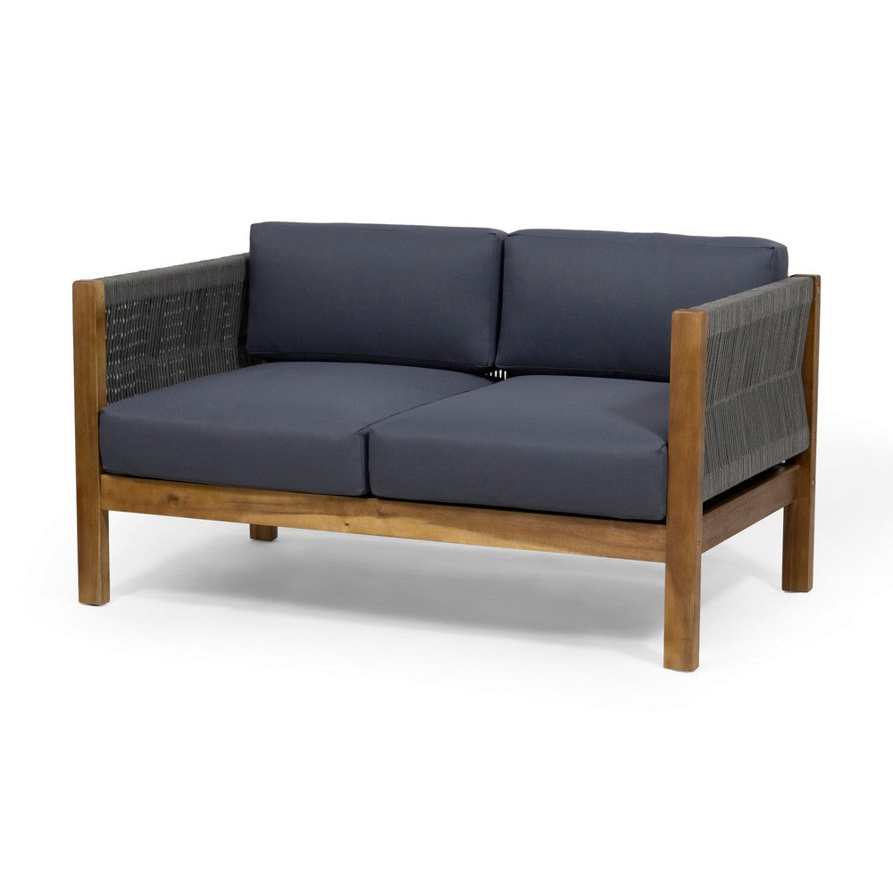 2pc Outdoor Loveseat Coffee Table Set | Brown Acacia Wood | Dark Gray
