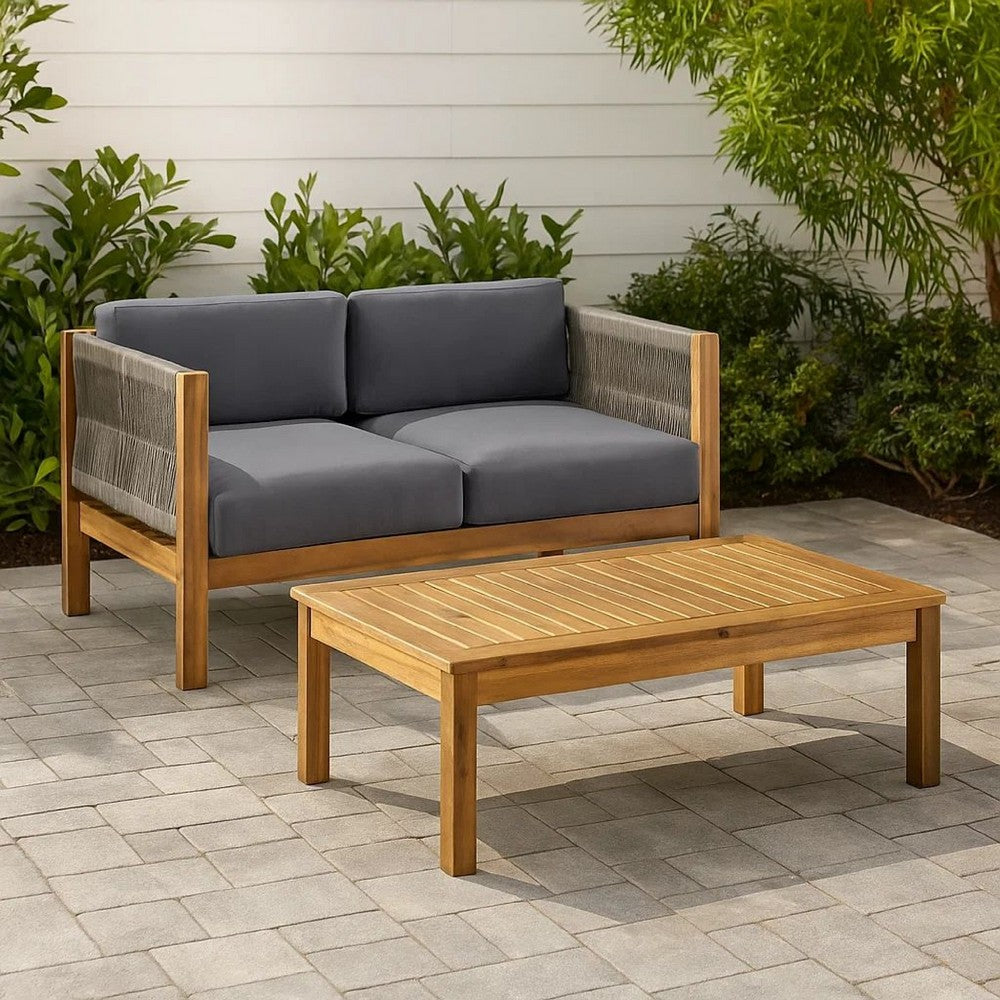 2pc Outdoor Loveseat Coffee Table Set, Brown Acacia Wood, Dark Gray