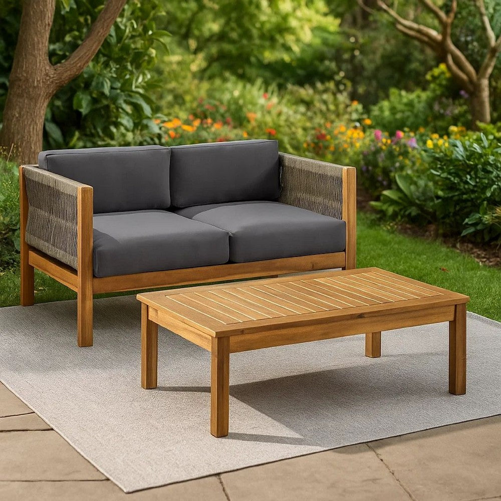 2pc Outdoor Loveseat Coffee Table Set, Brown Acacia Wood, Dark Gray