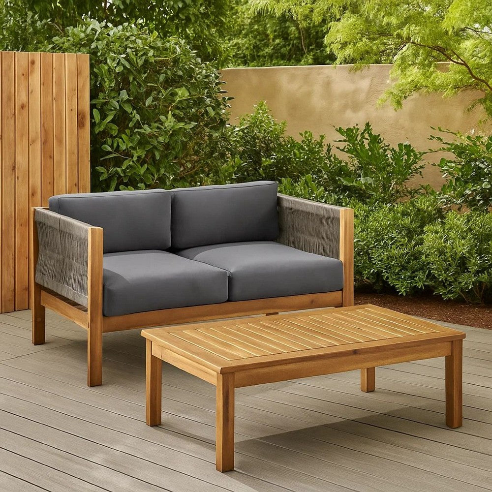 2pc Outdoor Loveseat Coffee Table Set, Brown Acacia Wood, Dark Gray