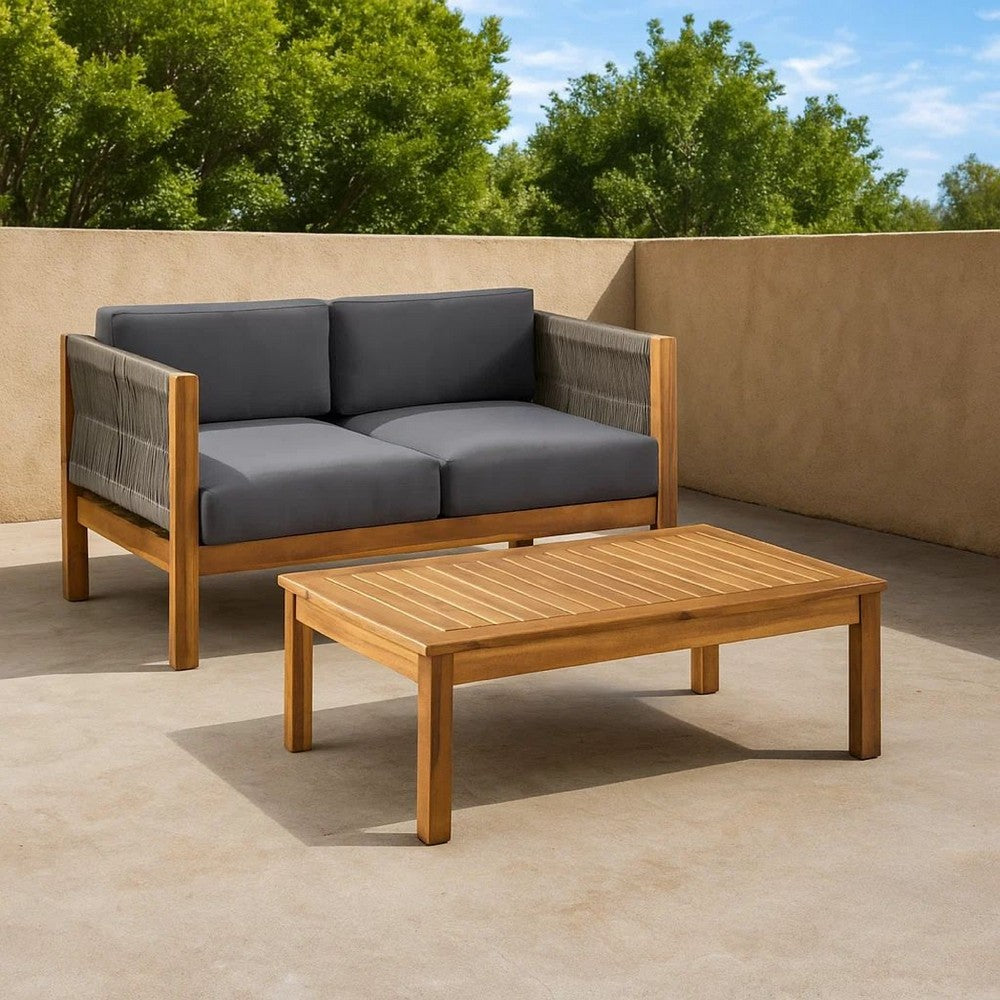 2pc Outdoor Loveseat Coffee Table Set | Brown Acacia Wood | Dark Gray