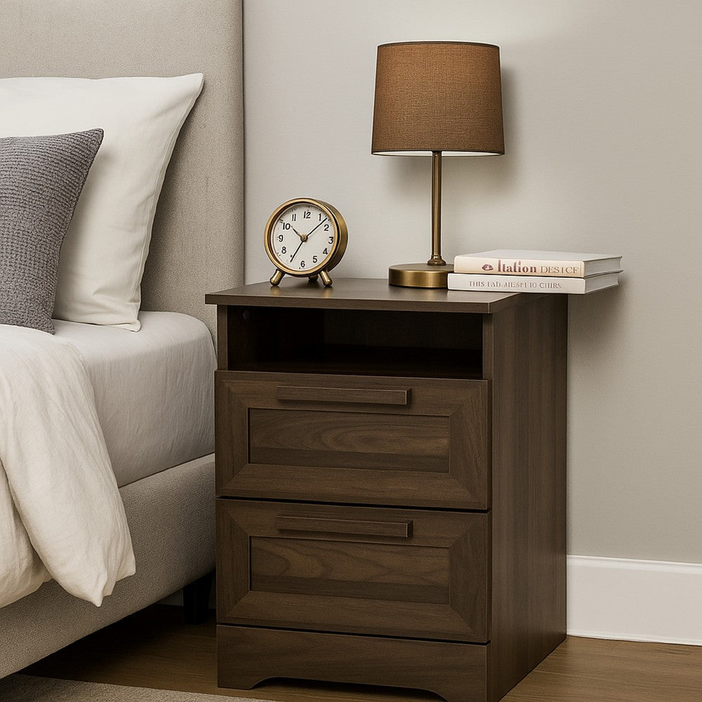 Vinie Nightstand, 2 Drawers and Open Top, 23 Inch Dark Brown Faux Wood