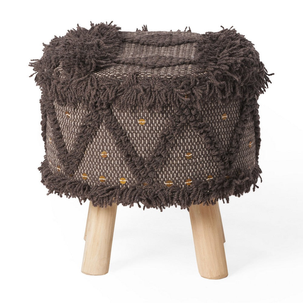 Footstool Ottoman | Handcrafted Boho Design | Brown Woven Seat | Wood
