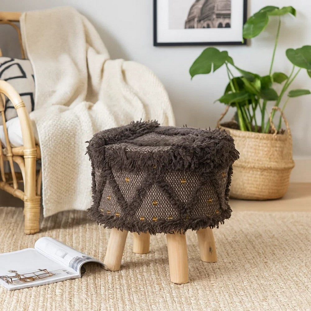 Footstool Ottoman, Handcrafted Boho Design, Brown Woven Seat, Wood