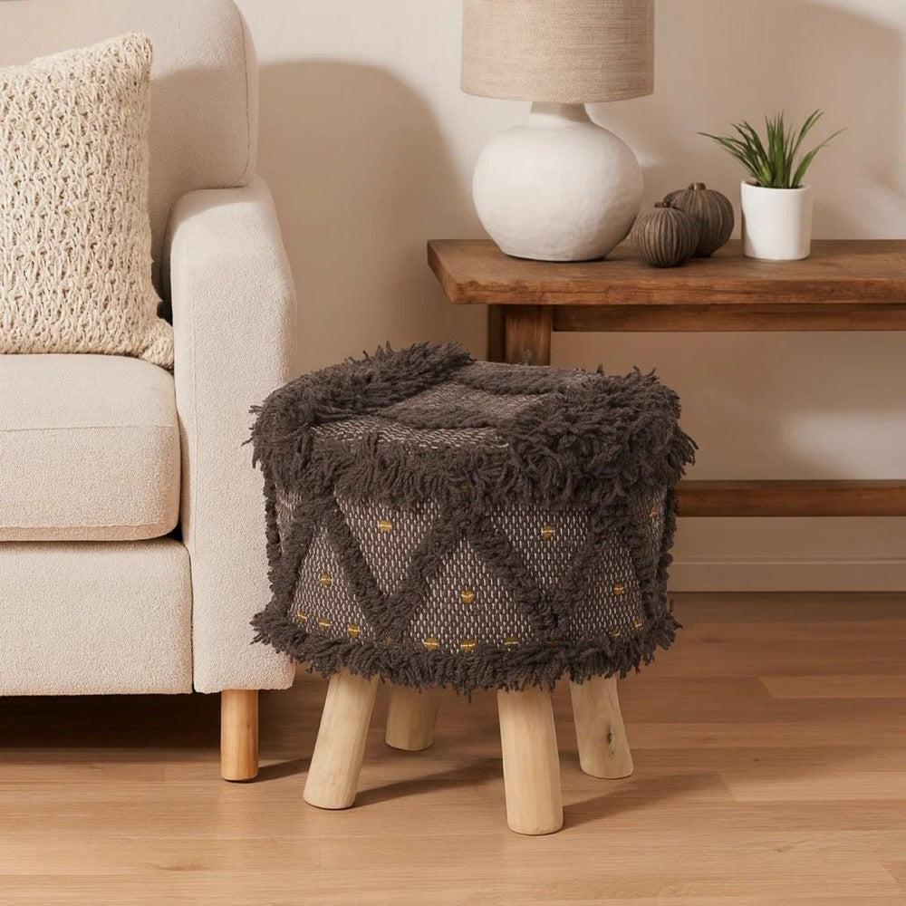Footstool Ottoman | Handcrafted Boho Design | Brown Woven Seat | Wood