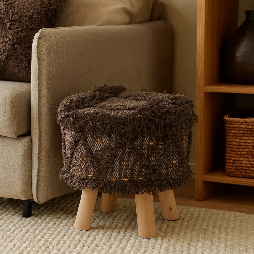 Footstool Ottoman | Handcrafted Boho Design | Brown Woven Seat | Wood