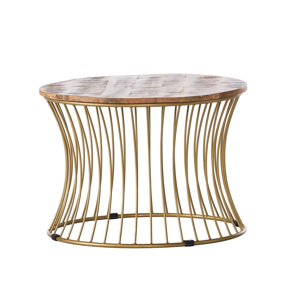 Coffee Table | Gold Hourglass Metal Base | 25" Round Mango Wood Top