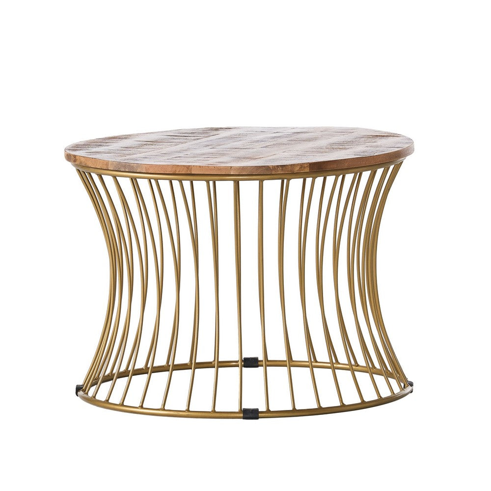 Coffee Table | Gold Hourglass Metal Base | 25" Round Mango Wood Top