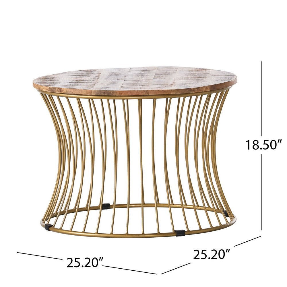 Coffee Table | Gold Hourglass Metal Base | 25" Round Mango Wood Top