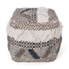 Ottoman Pouf, 16 Inch, Boho Design, White Beige Woven Wool, Bead Fill